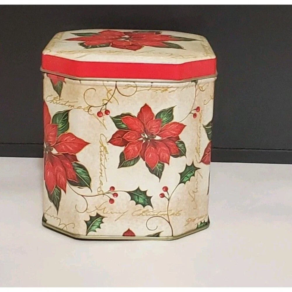 Octagon Christmas Tin Poinsettia Gift Small Metal Storage Box Clean Gold Inside